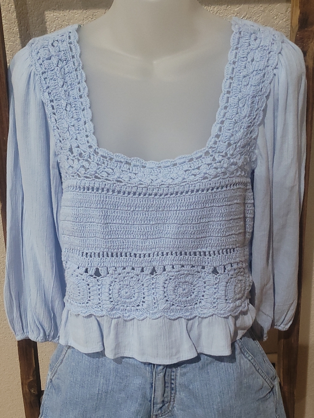 American Eagle Outfitters Light Blue Crochet Peasant Blouse